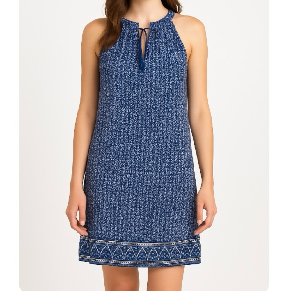 Fleur Blue and White Mini Dress with Tie Neckline Lined Spring Summer